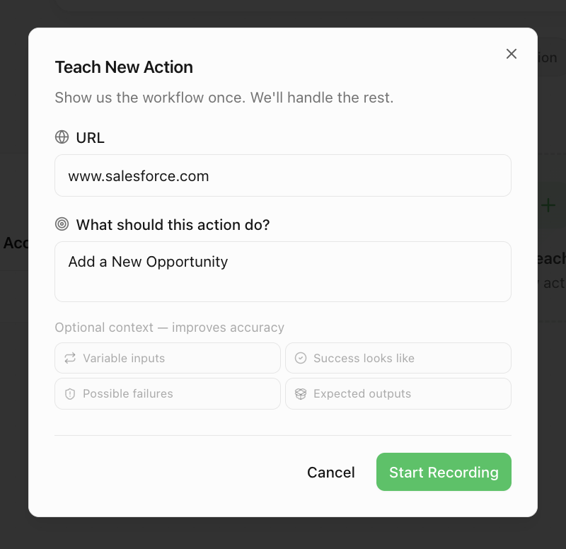 Teach New Action — show the workflow once, Upware handles the rest