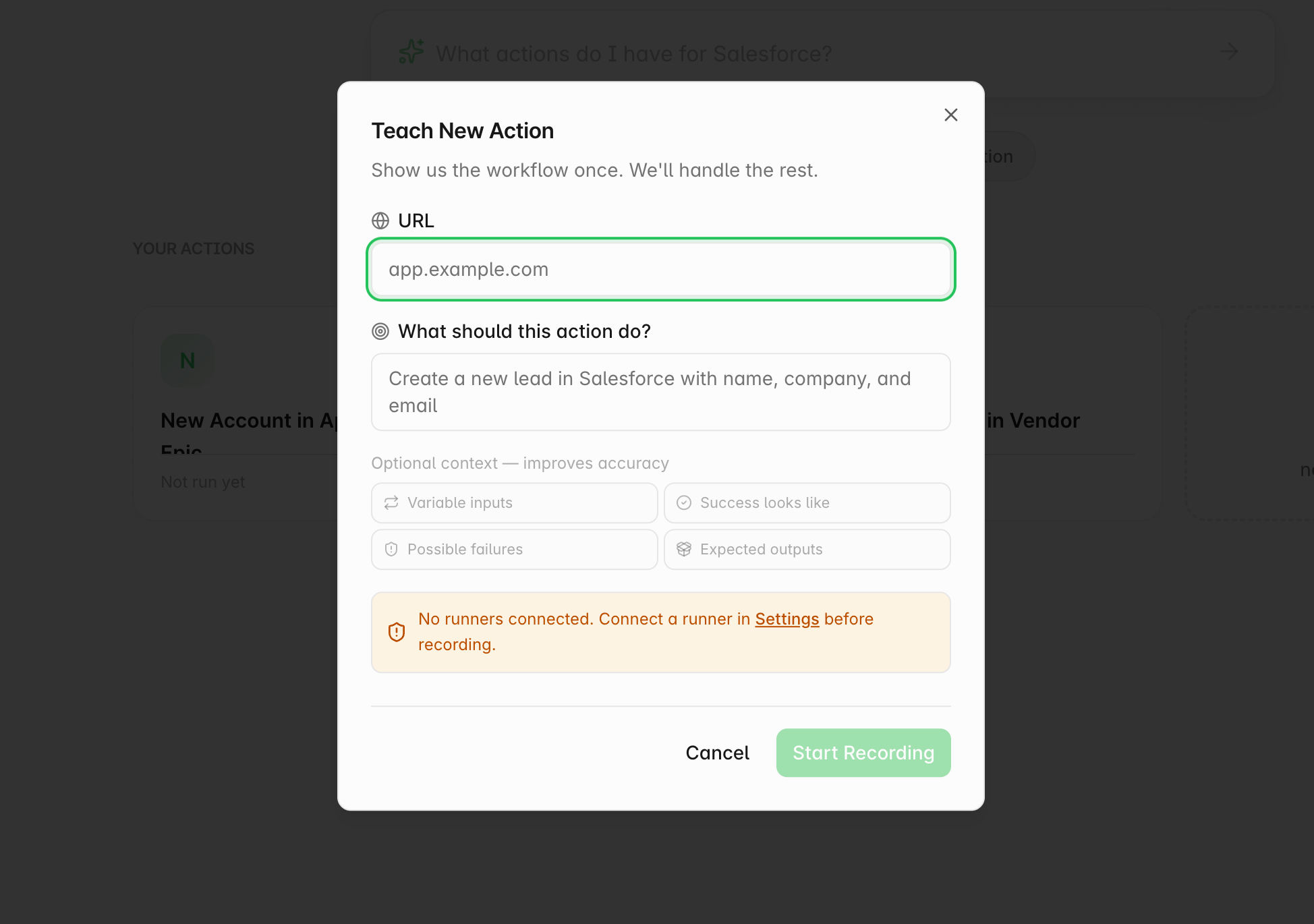Teach New Action — show the workflow once, Upware handles the rest